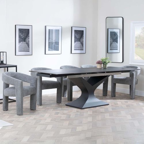 Anvik Black Ceramic Extending Dining Set - Kiefer Grey Boucle Fabric Dining Chair