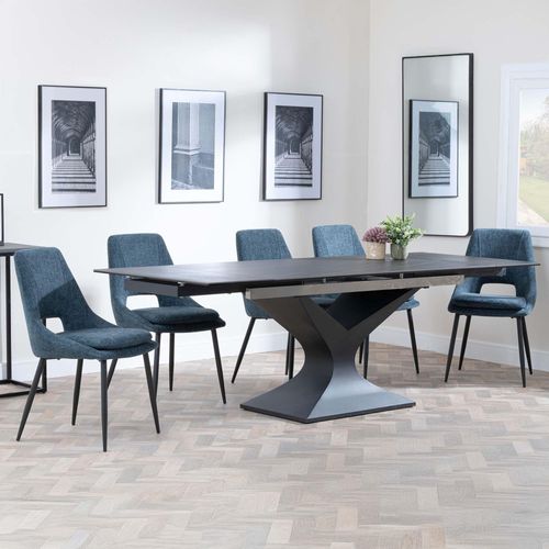 Anvik Black Ceramic Extending Dining Set - Peyton Blue Fabric Dining Chair