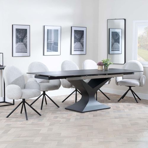 Anvik Black Ceramic Extending Dining Set - Theo Grey Fabric Swivel Dining Chair