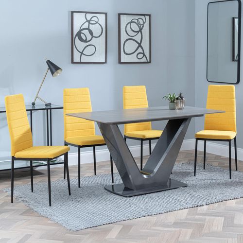 Camilla Grey Ceramic 4 Seater Dining Set - 4 Lido Yellow Fabric Dining Chair with Black Legs