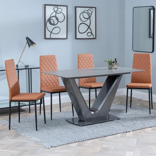 Camilla Grey Ceramic 4 Seater Dining Set - 4 Metro Burnt Orange Leather Dining Chair with Black Legs