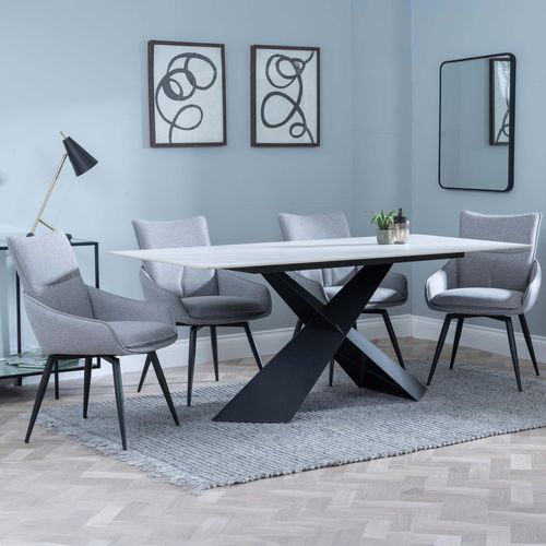 Merlin White Ceramic Dining Set - Ace Grey Fabric Swivel Dining Chair