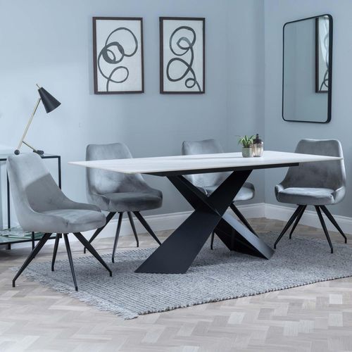 Merlin White Ceramic Dining Set - Arctic Grey Velvet Fabric Swivel Dining Chair