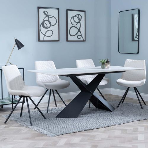 Merlin White Ceramic Dining Set - Boden Cream Fabric Swivel Dining Chair