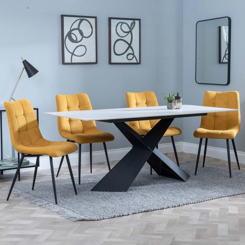 Merlin White Ceramic Dining Set - Corona Yellow Fabric Dining Chair