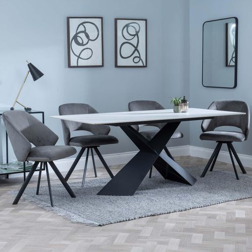 Merlin White Ceramic Dining Set - Ion Dark Grey Velvet Fabric Swivel Dining Chair