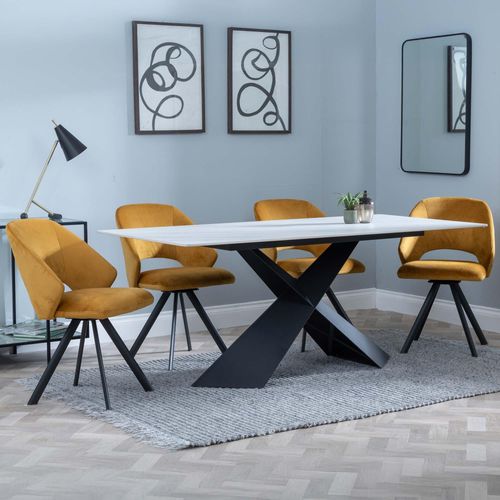 Merlin White Ceramic Dining Set - Ion Mustard Velvet Fabric Swivel Dining Chair
