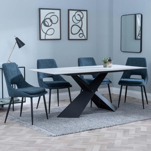 Merlin White Ceramic Dining Set - Peyton Blue Fabric Dining Chair