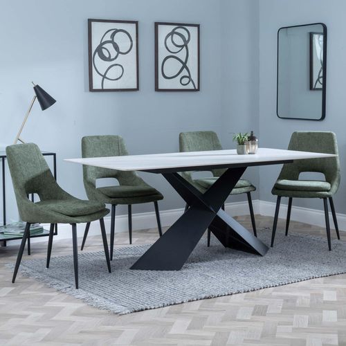 Merlin White Ceramic Dining Set - Peyton Green Fabric Dining Chair