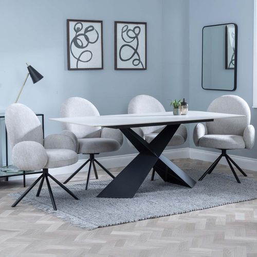 Merlin White Ceramic Dining Set - Theo Grey Fabric Swivel Dining Chair