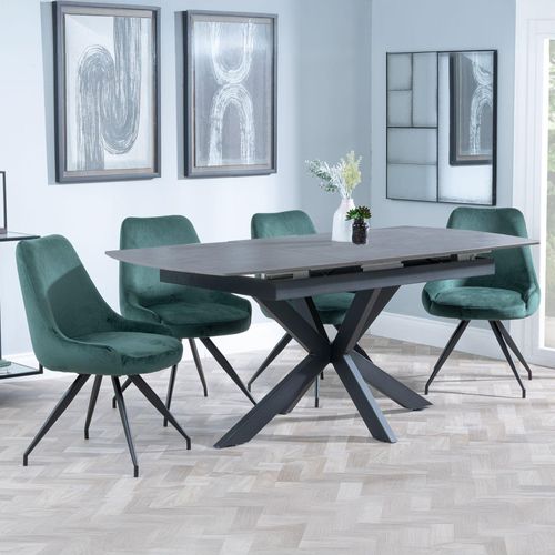 Bari Grey Ceramic Extending Dining Set - Arctic Green Velvet Fabric Swivel Dining Chair