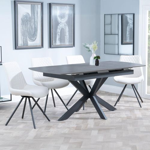 Bari Grey Ceramic Extending Dining Set - Boden Cream Fabric Swivel Dining Chair