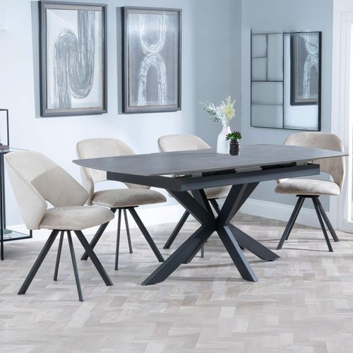 Bari Grey Ceramic Extending Dining Set - Ion Beige Velvet Fabric Swivel Dining Chair