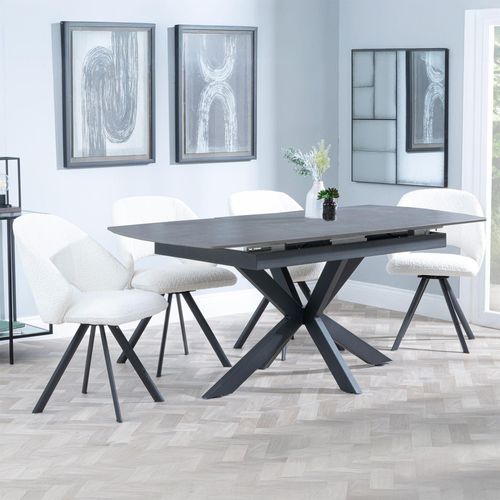 Bari Grey Ceramic Extending Dining Set - Ion Cream Boucle Teddy Fabric Swivel Dining Chair