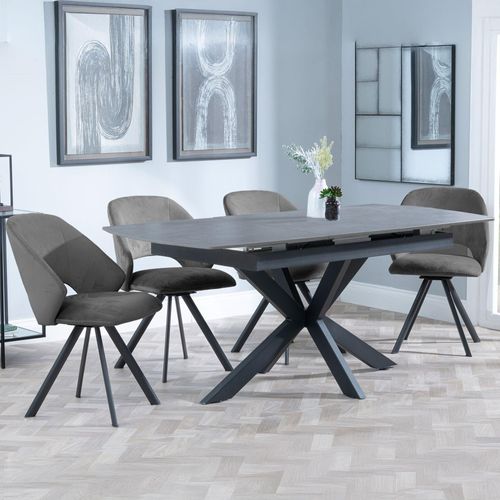 Bari Grey Ceramic Extending Dining Set - Ion Dark Grey Velvet Fabric Swivel Dining Chair