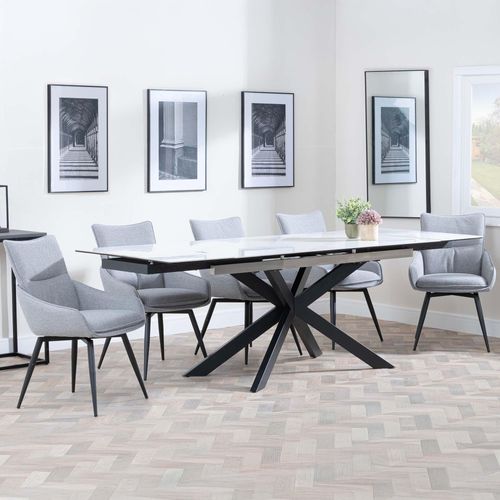 Sutton White Ceramic Extending Dining Set - Ace Grey Fabric Swivel Dining Chair