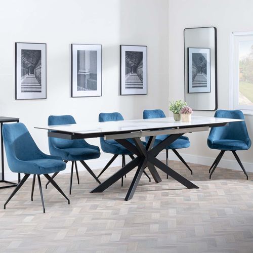 Sutton White Ceramic Extending Dining Set - Arctic Blue Velvet Fabric Swivel Dining Chair