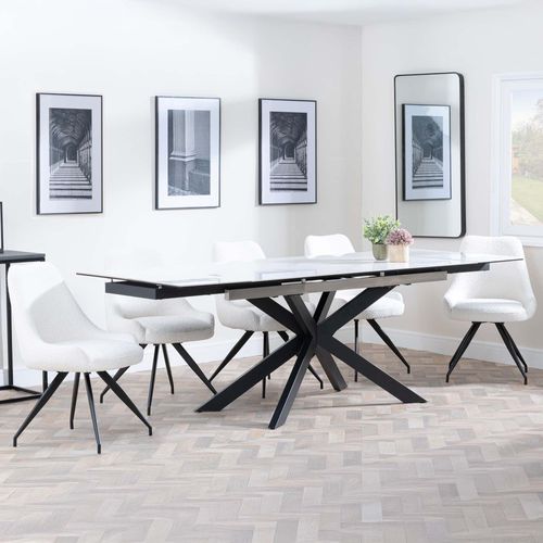 Sutton White Ceramic Extending Dining Set - Arctic Cream Velvet Fabric Swivel Dining Chair