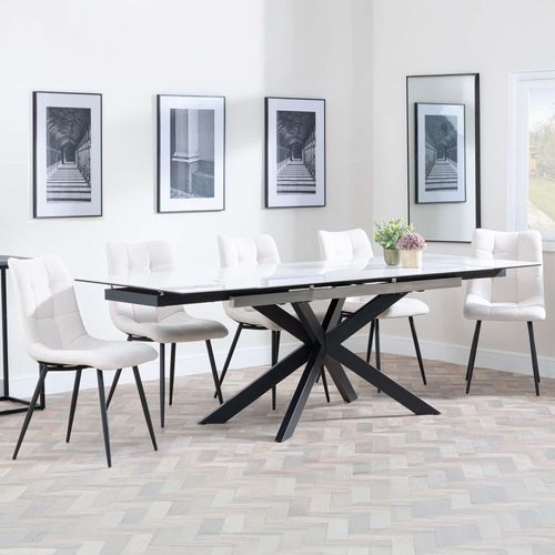 Sutton White Ceramic Extending Dining Set - Corona Beige Fabric Dining Chair