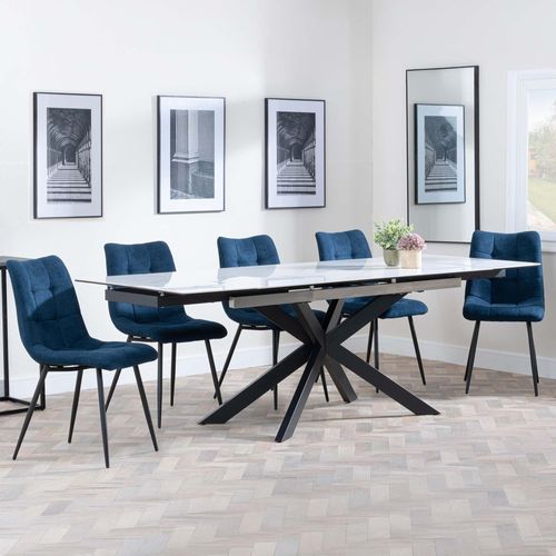 Sutton White Ceramic Extending Dining Set - Corona Blue Fabric Dining Chair