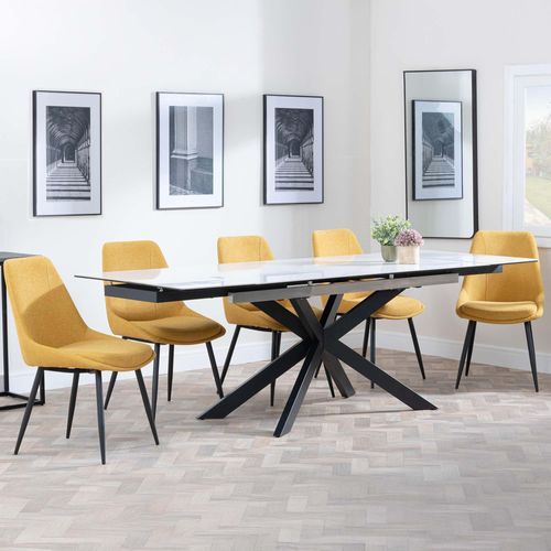 Sutton White Ceramic Extending Dining Set - Darwin Yellow Fabric Dining Chair