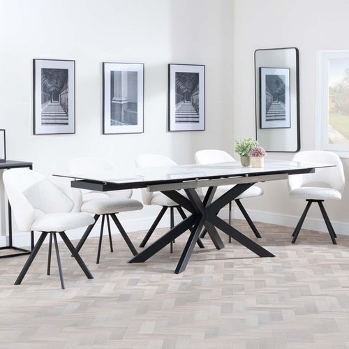 Sutton White Ceramic Extending Dining Set - Ion Cream Boucle Teddy Fabric Swivel Dining Chair