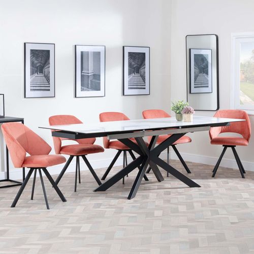 Sutton White Ceramic Extending Dining Set - Ion Orange Velvet Fabric Swivel Dining Chair