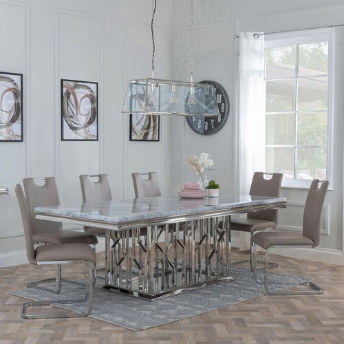 Vortex Grey Marble and Chrome Dining Set - Bianco Beige Faux Leather Dining Chair