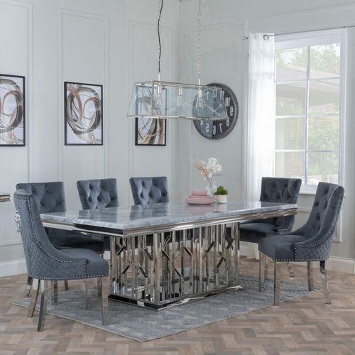 Vortex Grey Marble and Chrome Dining Set - Lion Knocker Back Grey Velvet Fabric Dining Chair with Chrome Legs