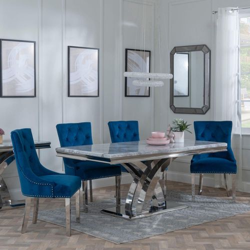 Lisbon Grey Marble and Chrome Dining Set - Knocker Back Blue Velvet Fabric Dining Chair with Chrome Legs
