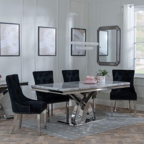 Lisbon Grey Marble and Chrome Dining Set - Lion Knocker Back Black Velvet Fabric Dining Chair with Chrome Legs