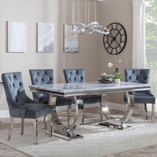 Glacier Grey Marble and Chrome Dining Set - Lion Knocker Back Grey Velvet Fabric Dining Chair with Chrome Legs