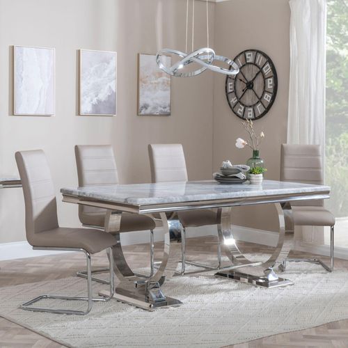 Glacier Grey Marble and Chrome Dining Set - Roma Beige Faux Leather Dining Chair