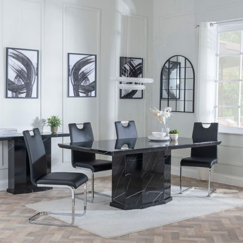 Naples Black Marble Dining Set - Bianco Black Faux Leather Dining Chair