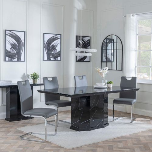 Naples Black Marble Dining Set - Bianco Grey Faux Leather Dining Chair