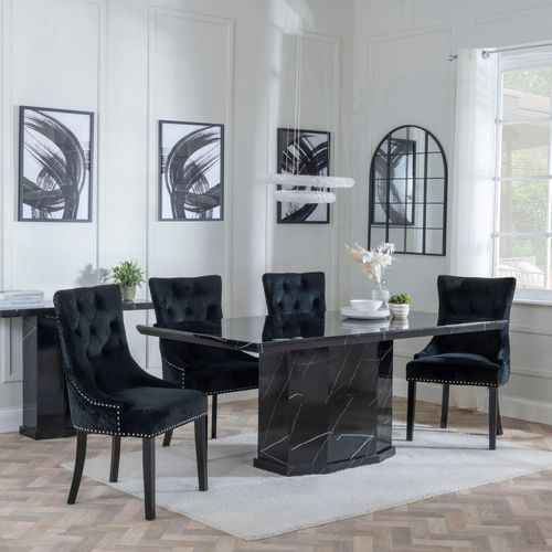 Naples Black Marble Dining Set - Lion Knocker Back Black Velvet Fabric Dining Chair with Black Wooden Legs