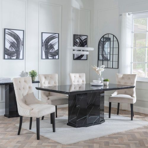 Naples Black Marble Dining Set - Lion Knocker Back Champagne Velvet Fabric Dining Chair with Black Wooden Legs