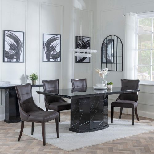 Naples Black Marble Dining Set - Paris Brown Leather Dining Chair with Brown Legs