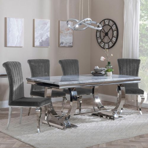 Glacier Grey Marble and Chrome Dining Set - Louis Grey Velvet Fabric Dining Chair