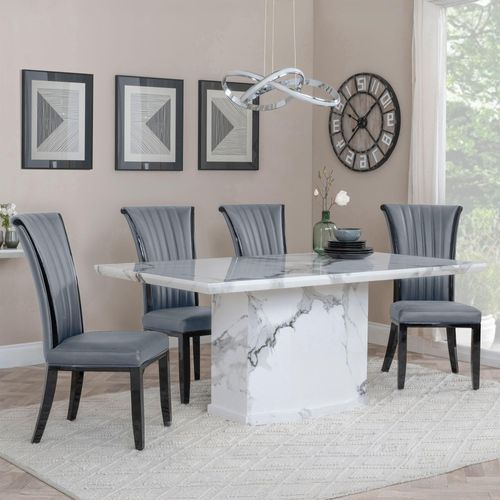 Naples White Marble Dining Set - Cadiz Grey Leather Dining Chair