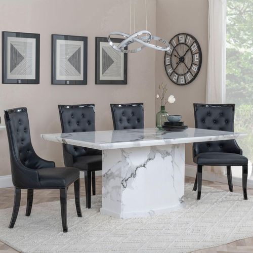 Naples White Marble Dining Set - Carmela Black Leather Dining Chair