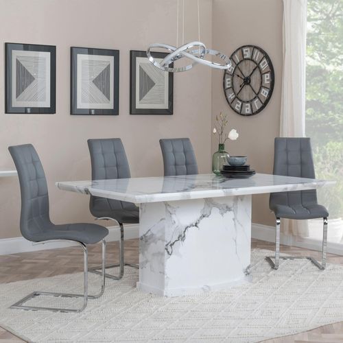 Naples White Marble Dining Set - Jamison Grey Faux Leather Dining Chair