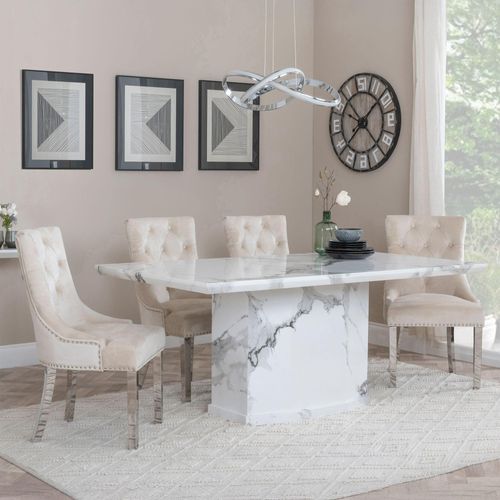Naples White Marble Dining Set - Knocker Back Champagne Velvet Fabric Dining Chair with Chrome Legs