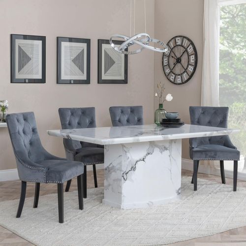Naples White Marble Dining Set - Knocker Back Grey Velvet Fabric Dining Chair with Black Wooden Legs