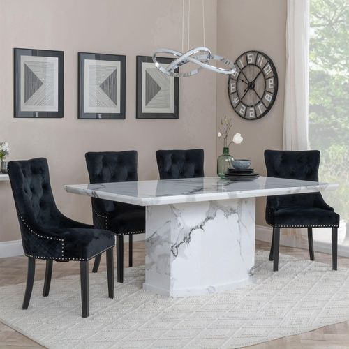 Naples White Marble Dining Set - Lion Knocker Back Black Velvet Fabric Dining Chair with Black Wooden Legs
