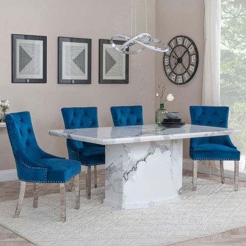 Naples White Marble Dining Set - Lion Knocker Back Blue Velvet Fabric Dining Chair with Chrome Legs