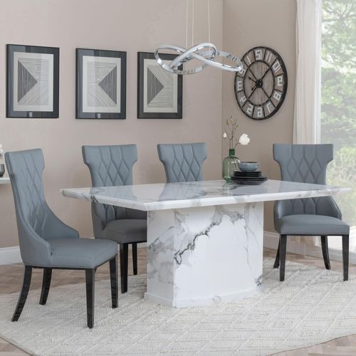Naples White Marble Dining Set - Mimi Grey Leather Dining Chair