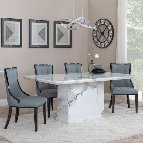 Naples White Marble Dining Set - Paris Grey Leather Dining Chair with Black Legs