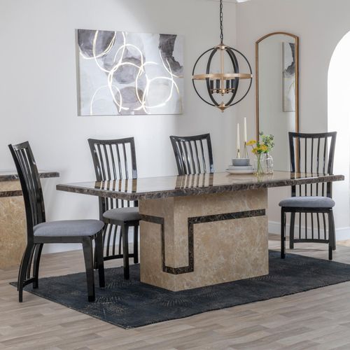 Venice Cream Marble Dining Set - Athena Black High Gloss Slatted Back Dining Chair with Grey Seat Pads
