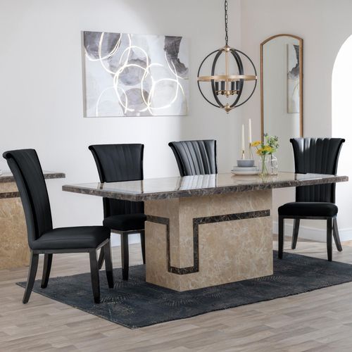 Venice Cream Marble Dining Set - Cadiz Black Leather Dining Chair